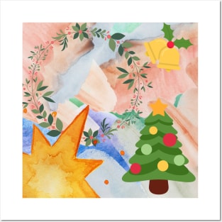 Painted illustration of a christmas tree and wreath Posters and Art